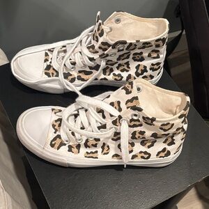 Leopard Print High-Top Canvas Sneakers - White/Tan
